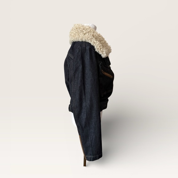 Steve Madden Dark Denim Jacket Plush Lapel Zip Sleeves Size M Timeless Mob Wife - Picture 4 of 14